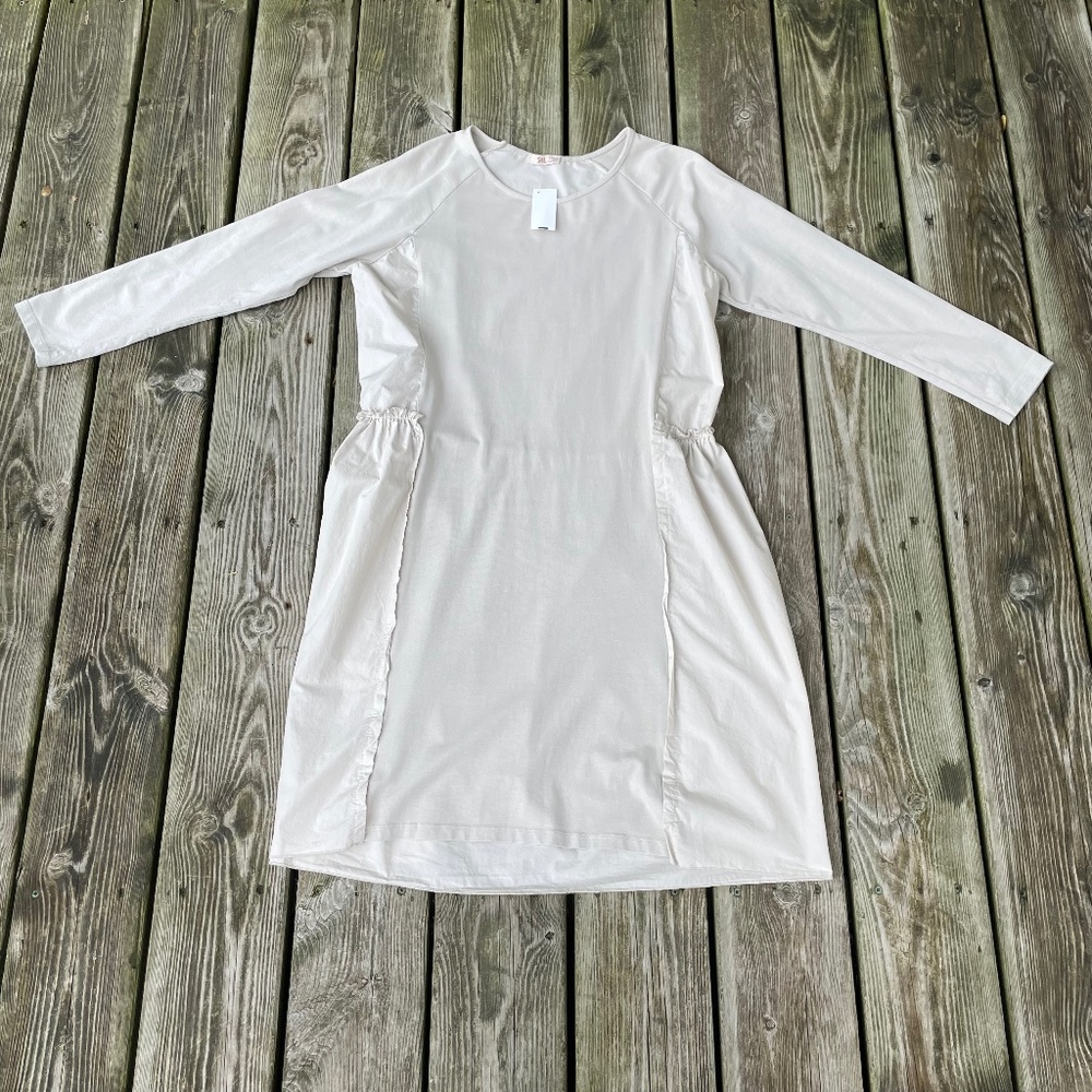 Dress: Light Beige Cotton Knee Length With Side Panels